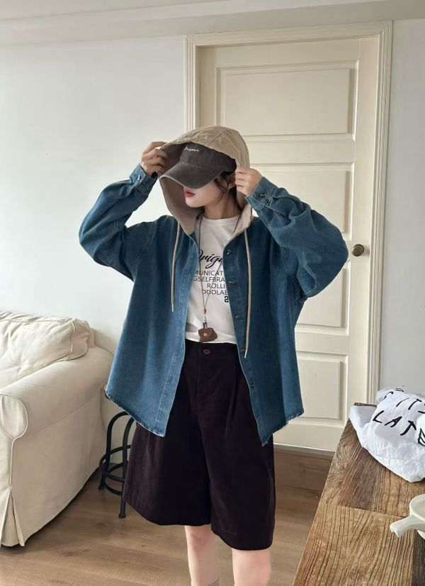 配色連帽長版牛仔外套 韓國 正韓 東大門 空運