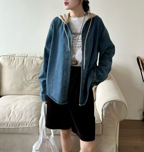 配色連帽長版牛仔外套 韓國 正韓 東大門 空運