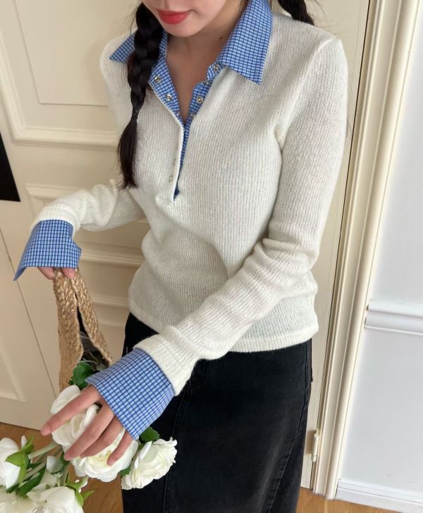 假兩件藍格紋針織衣 韓國 正韓 東大門 空運