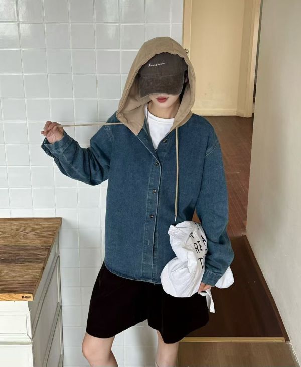 配色連帽長版牛仔外套 韓國 正韓 東大門 空運