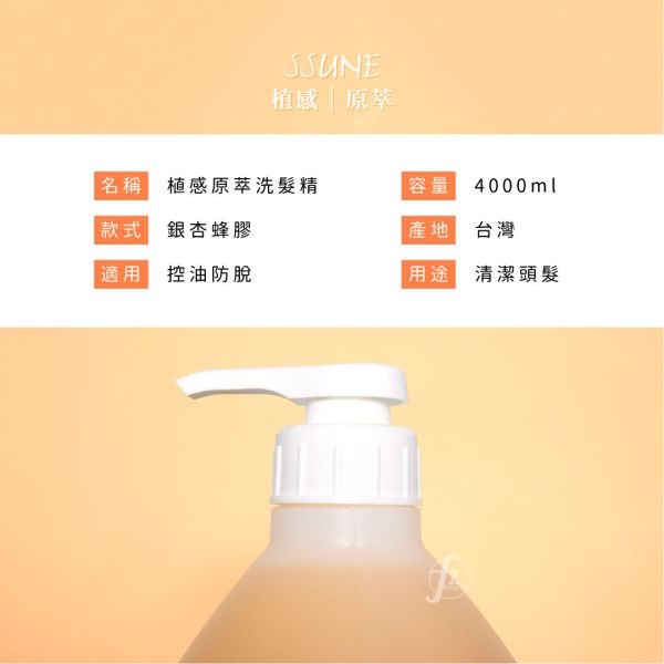 SSUNE-植感原萃洗髮精4000ml/銀杏蜂膠 SSUNE,美髮沙龍,洗髮精,洗髮乳,潤髮乳,護髮,洗髮,沙龍,天然,台灣品牌,綠茶樹,銀杏,蜂膠,髮品