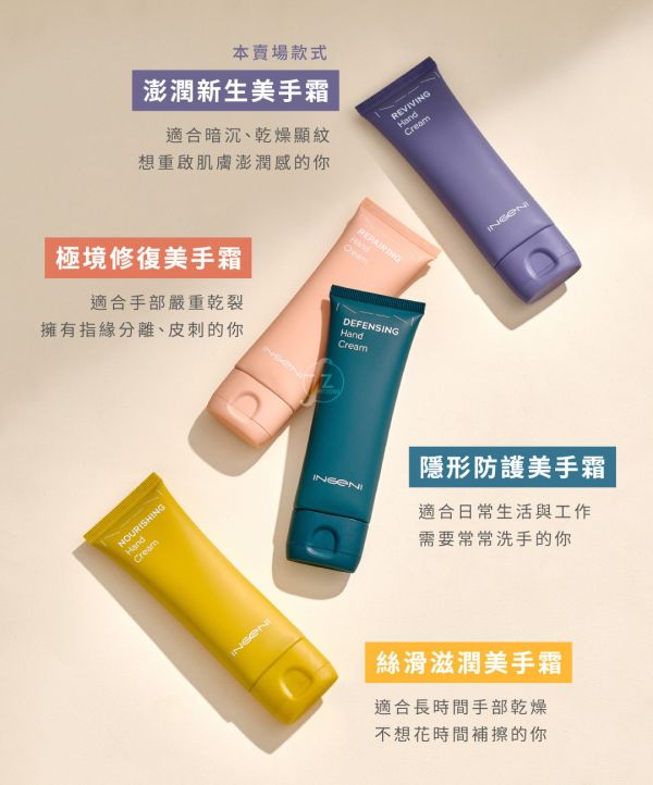 INGENI 新肌霓－澎潤新生美手霜 50ml INGENI,新肌霓,澎潤新生美手霜,老化,手背保養,手部乾燥,護手霜,滋潤,鎖水,保養,保濕,乾燥,龜裂,手裂,護手乳,乳液