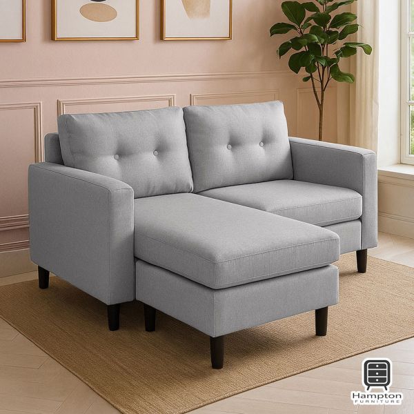 哈特利布面雙人轉角L型沙發-淺灰色 Hampton,漢汀堡,沙發,L型沙發,含腳凳,布沙發,亞麻布
