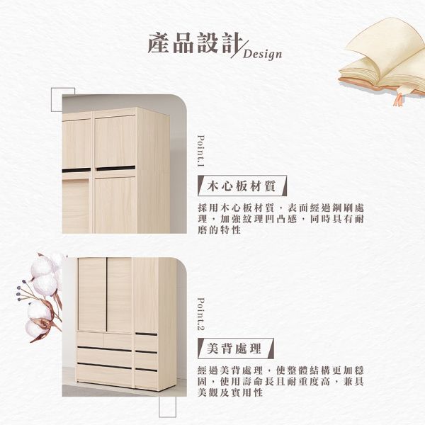 黛安4.8尺衣櫥 Hampton,漢汀堡,衣櫥,櫥櫃,櫃子,衣櫃,木心板材質,美背處理,4.8尺衣櫥,鋼珠滑軌