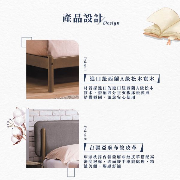 夏斯淺胡桃6尺皮面雙人床架-不含寢具 Hampton,漢汀堡,床組,床架,雙人床,雙人加大,6尺雙人,四分正夾板,松木實木,進口,台灣製造,台疆亞麻布紋皮革,高密度泡棉,優耐坦噴塗