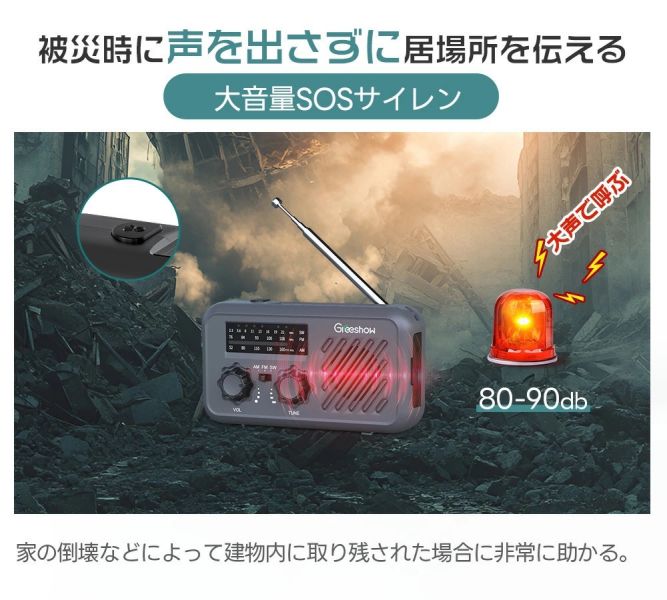 【日本防災安全協會認證】Greeshow 多功能防災收音機 手電筒 充電器 太陽能 輕便 SOS警報 防水 手動充電 露營 防災 地震 停電 【小福部屋】 