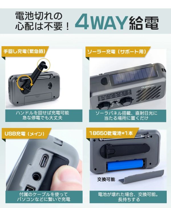 【日本防災安全協會認證】Greeshow 多功能防災收音機 手電筒 充電器 太陽能 輕便 SOS警報 防水 手動充電 露營 防災 地震 停電 【小福部屋】 