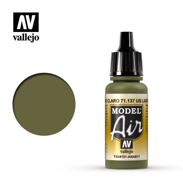 Acrylicos Vallejo AV水漆 71137 模型噴塗色彩 Model Air 美國淺黃色 US Light Green 17ml 