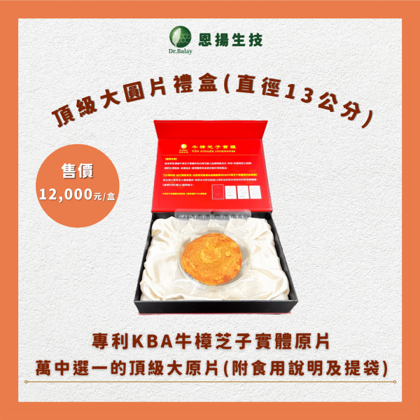 頂級大圓片禮盒（10g/片.盒） 專利KBA,大菇片,禮盒,牛樟芝,子實體,養生雞湯,養生酒,養生茶,直徑13cm,送禮兩相宜,90天安全試驗,TFDA備查函