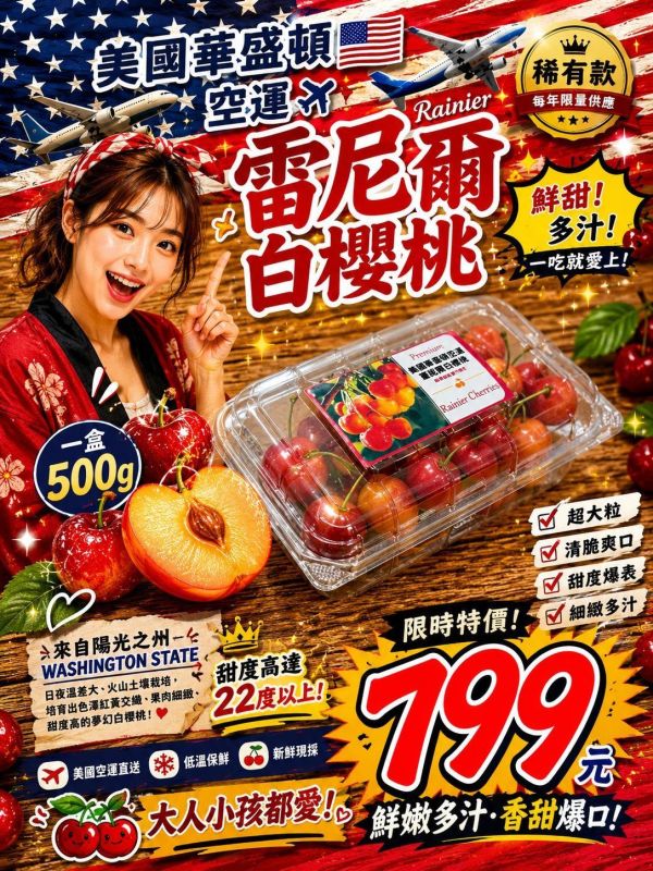 [清爽甘甜][500g嚐鮮盒]美國華盛頓空運蕾妮爾白櫻桃 