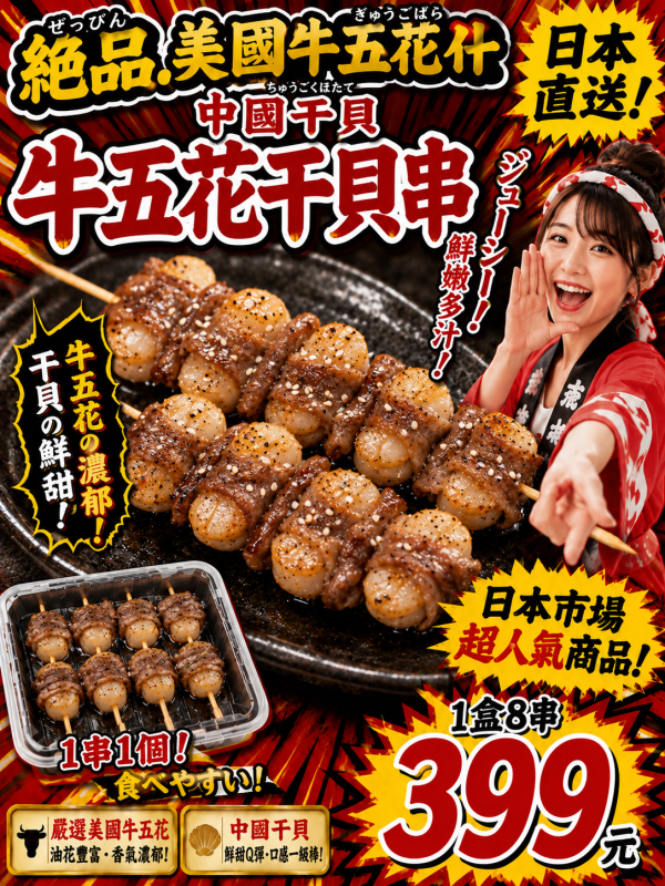 （嚴選牛肉鮮嫩入味）牛五花干貝串 肉