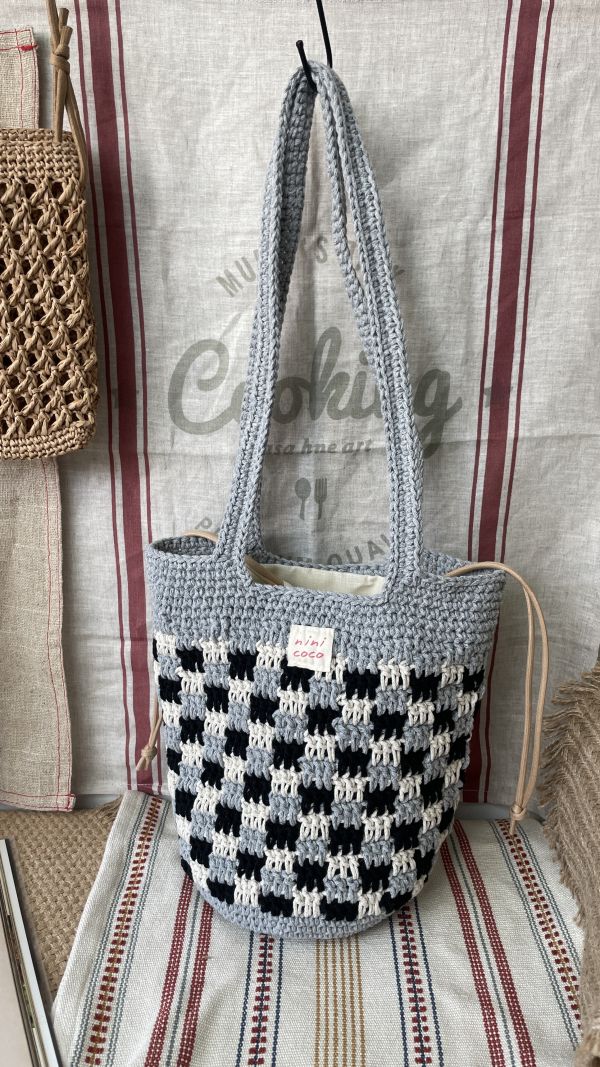 現貨 棉格子肩背包 灰 