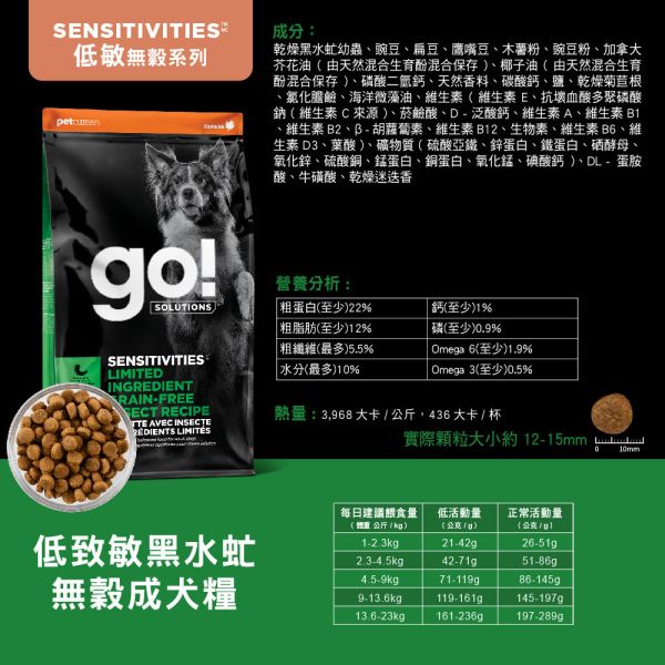 私訊LINE領促銷價｜GO! 狗狗天然糧 低致敏-黑水虻無穀成犬糧 3.5B、22B 