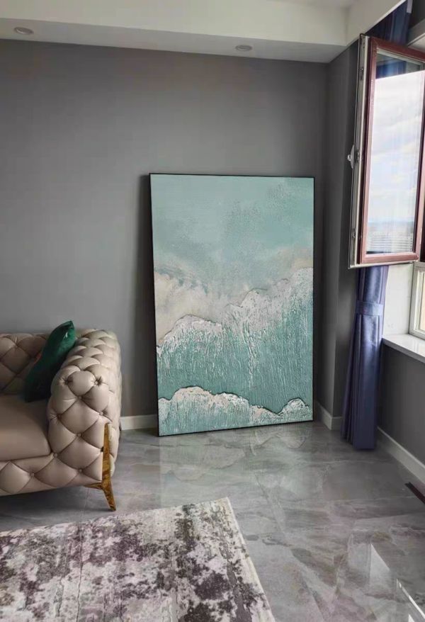 手繪油畫現代侘寂碧綠浪花裝飾畫無框畫沙發牆掛畫 手繪油畫碧綠波浪現代侘寂風裝飾畫無框畫沙發牆掛畫