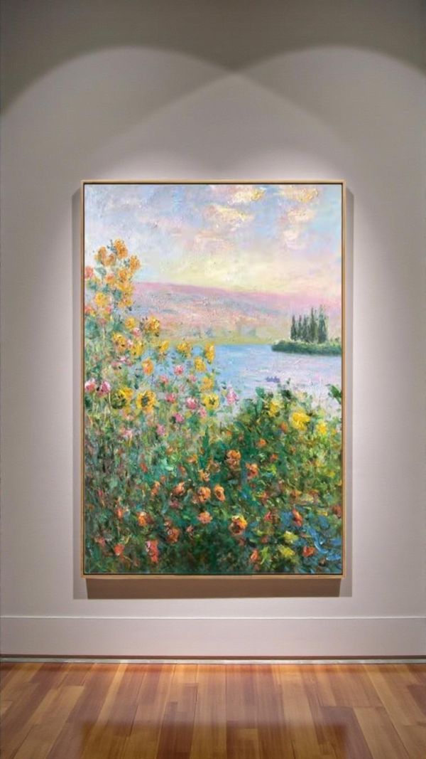 雙拼手繪油畫歐式風景《風起花開的彼岸》藝術掛畫客廳玄關掛畫買畫首選新麗畫廊 掛畫, 油畫,買畫,客廳掛畫,桃園買畫,台北買畫,新麗畫廊,風景畫