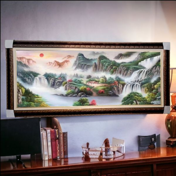 手繪油畫八方聚財高山流水高檔山水畫風水師推薦首選財位掛畫辦公室掛畫送禮自用全台第一買畫唯一推薦 手繪油畫八方聚財高山流水高檔山水畫風水師推薦首選