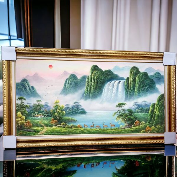 手繪油畫納財五鹿聚寶盆旭日東昇風水師推薦財位掛畫四十年實體老店經營購買有保障最安心 手繪油畫五鹿招財聚寶盆旭日東昇風水師推薦財位掛畫四十年實體老店經營購買有保障最安心