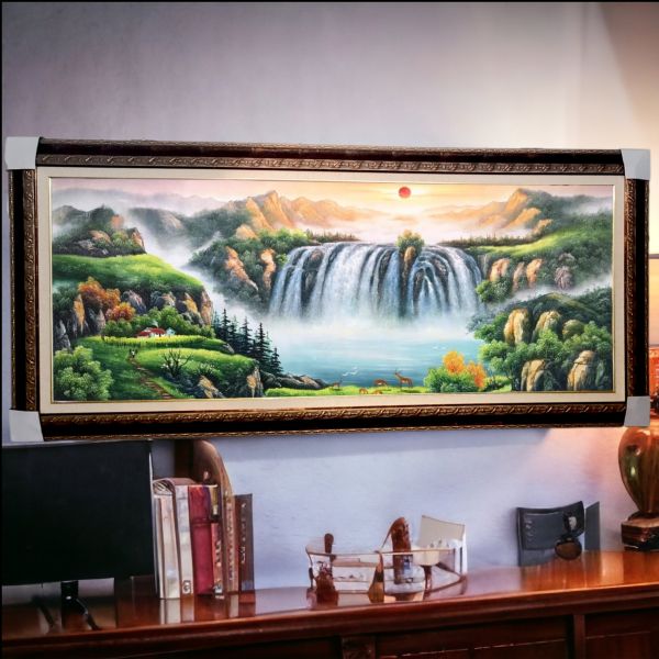 手繪油畫招財高山流水聚寶盆五鹿寶庫風水師推薦財位掛畫辦公室客廳風水畫 手繪油畫招財高山流水聚寶盆五鹿寶庫風水師推薦財位掛畫辦公室客廳風水畫