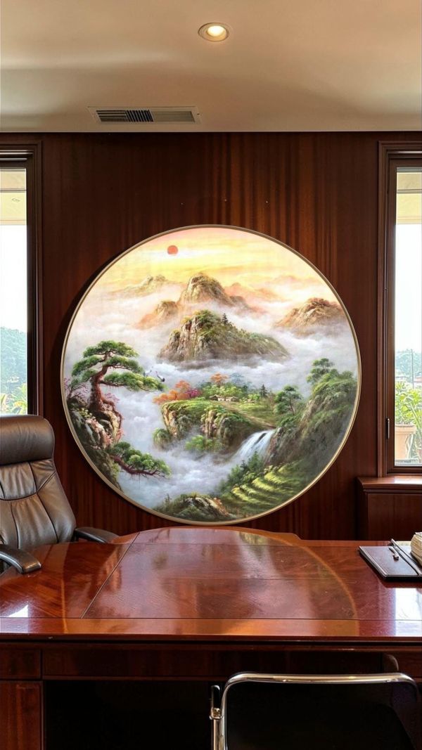 獨家圓形手繪油畫招財山水畫風水畫命理師推薦辦公室掛畫財位必備 風水山水畫, 如魚, 油畫 豐財藝術, 魚 開運, 開運山畫, 招財山水畫,風水畫,新麗畫廊