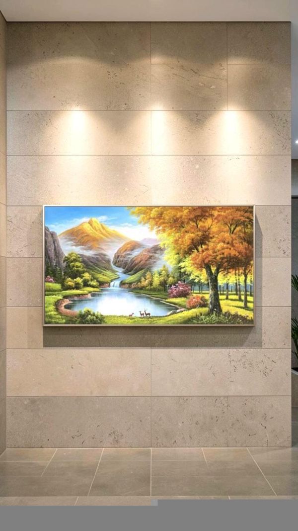 手繪油畫《金山聚福》財鹿聚寶盆風水畫藝術掛畫客廳辦公室必備掛畫送禮自用買畫首選 客廳風水, 開運招財樹, 油畫 花, 九如, 圓形畫, 能量畫,買畫,新麗畫廊