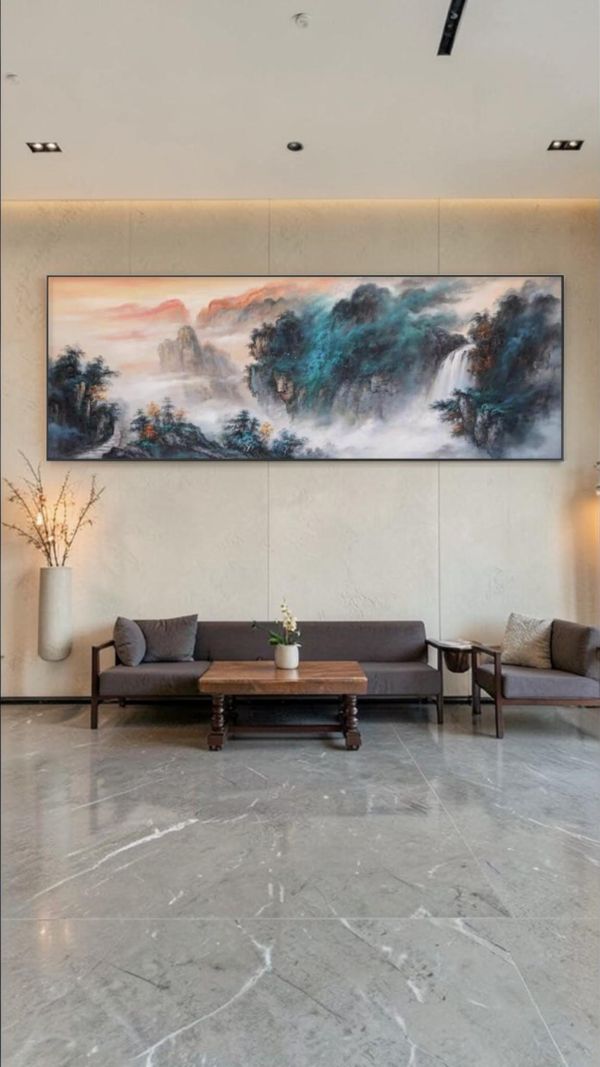 手繪油畫現代山水畫藝術掛畫迎賓室簽約室財位掛畫買畫首選 