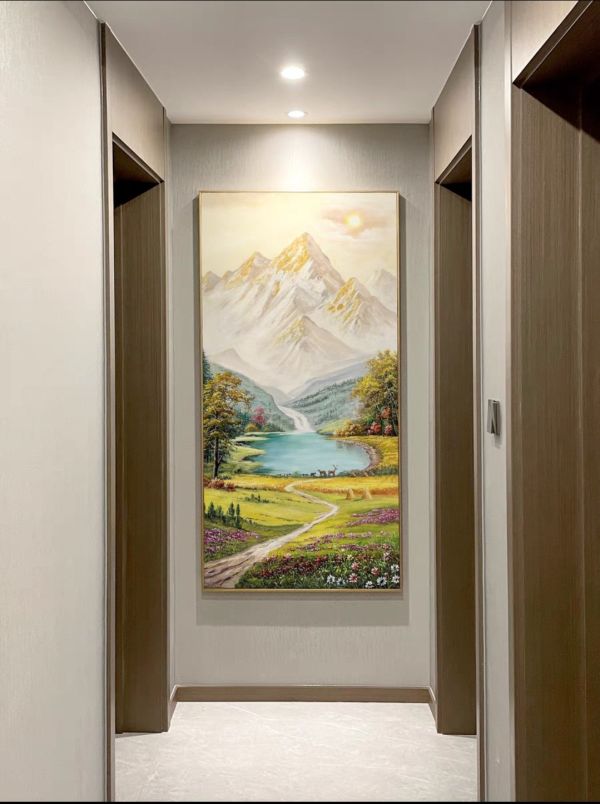 手繪油畫高檔金山背有靠山聚寶盆山水畫玄關辦公室買畫首選 山景畫, 黃金畫, 招財黃金, 靠山畫, 客廳畫, 圓型畫, 風水 畫, 開運掛畫, 買畫 ,新麗畫廊