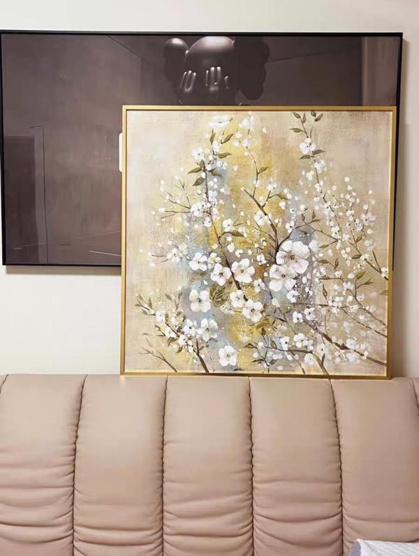 金枝雅韻白色花卉手繪油畫｜金色輕奢客廳玄關餐廳現代掛畫｜新麗畫廊 花卉油畫,白色花卉畫,金色掛畫,輕奢掛畫,現代花卉畫,手繪油畫,客廳掛畫,玄關掛畫,餐廳掛畫,新麗畫廊