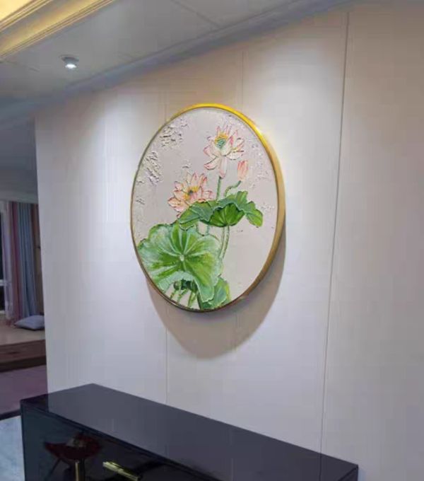 手繪油畫高雅品味蓮花荷葉荷包滿滿寓意圓形裝飾畫藝術掛畫 手繪油畫高雅品味蓮花荷葉荷包滿滿寓意圓形裝飾畫藝術掛畫