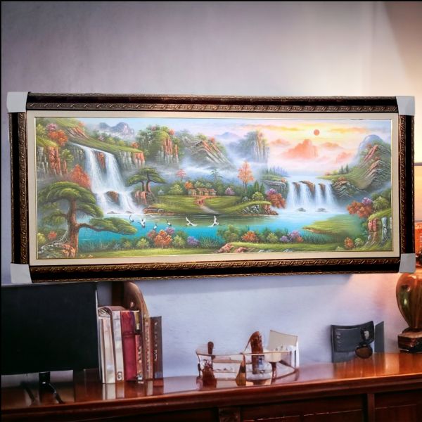 手繪油畫八方聚財高山流水聚寶盆風水師推薦辦公室財位掛畫 手繪油畫八方聚財高山流水聚寶盆風水師推薦辦公室財位掛畫