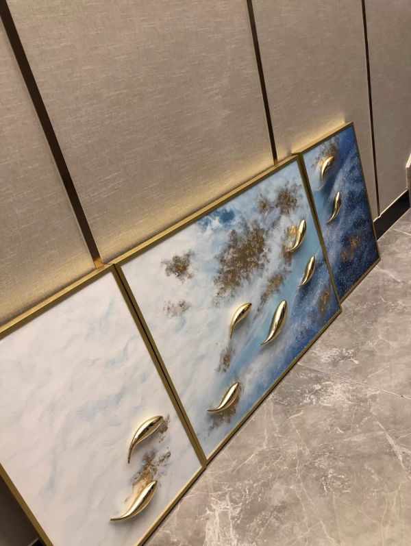 獨家三拼手繪油畫抽象金箔九如魚藝術掛畫客廳沙發牆買畫首選 獨家三拼手繪油畫抽象金箔九如魚藝術掛畫客廳沙發牆買畫首選