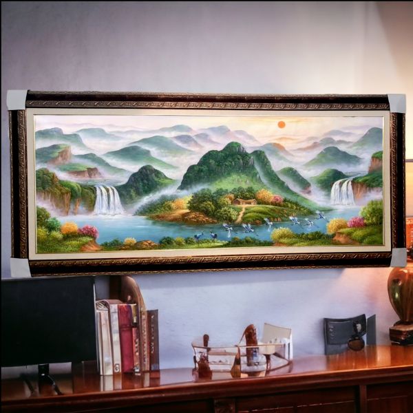 手繪油畫旭日東昇元寶靠山左右逢源聚寶盆風水師推薦財位山水畫辦公室掛畫 手繪油畫靠山元寶左右逢源聚寶盆風水師推薦財位山水畫