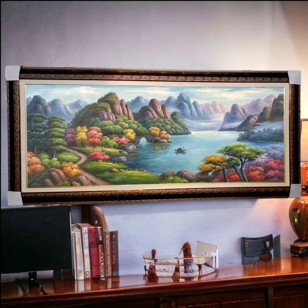 手繪油畫靠山財源滾滾滿載而歸辦公室沙發牆裝飾畫風水掛畫送禮自用 手繪油畫旭日東昇黃金豐收聚寶盆招財必備掛畫風水師推薦山水畫買畫首選