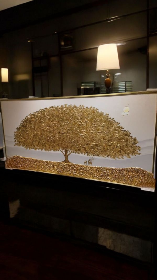 手繪油畫高訂款金箔聚財黃金樹財鹿遍地黃金財位必備掛畫買畫首選 掛畫, 黃金金箔畫, 黃金樹 畫,買畫,新麗畫廊,金錢樹