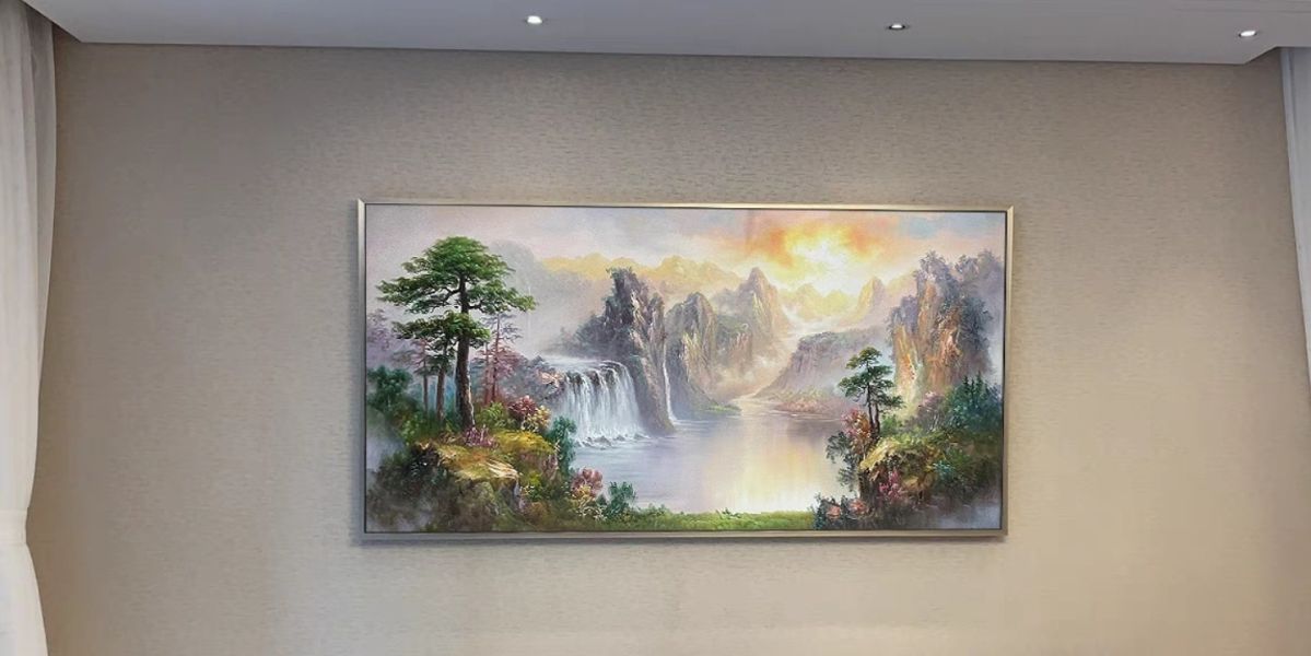 手繪油畫歐式山水聚寶盆旭日東昇裝飾畫風水畫送禮自用 手繪油畫歐式山水聚寶盆旭日東昇裝飾畫風水畫送禮自用桃園買畫