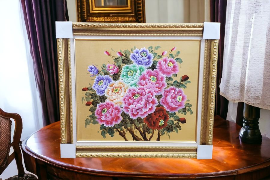 手繪油畫五行金底花開富貴牡丹花裝飾畫開運風水畫 牡丹花 畫, 財掛畫, 藝術油畫, 金 牡丹, 手繪牡丹花, 開運招財畫,五行牡丹