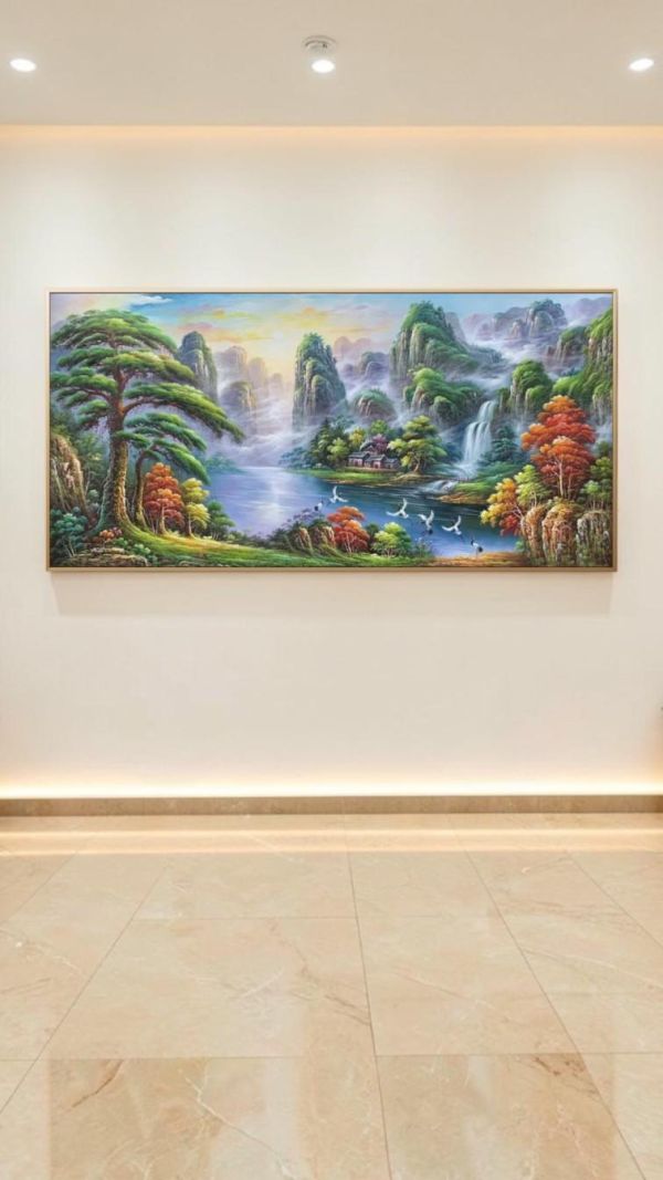 手繪油畫《祥雲福境》左右逢源聚寶盆客廳辦公室財位必備風水畫四十年畫廊買畫首選 買畫,新麗畫廊,風水畫,山水畫,手繪山水畫,聚寶盆畫,辦公室掛畫