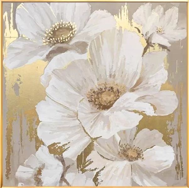 手繪油畫金箔優美純白花卉客廳餐桌裝飾畫藝術掛畫 手繪油畫金箔底色優美花卉客廳餐桌裝飾畫藝術掛畫