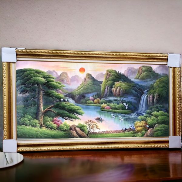 手繪油畫滿載而歸旭日東昇招財聚寶盆山水畫買畫首選 手繪油畫招財旭日東昇聚寶盆山水畫風水師推薦財位掛畫