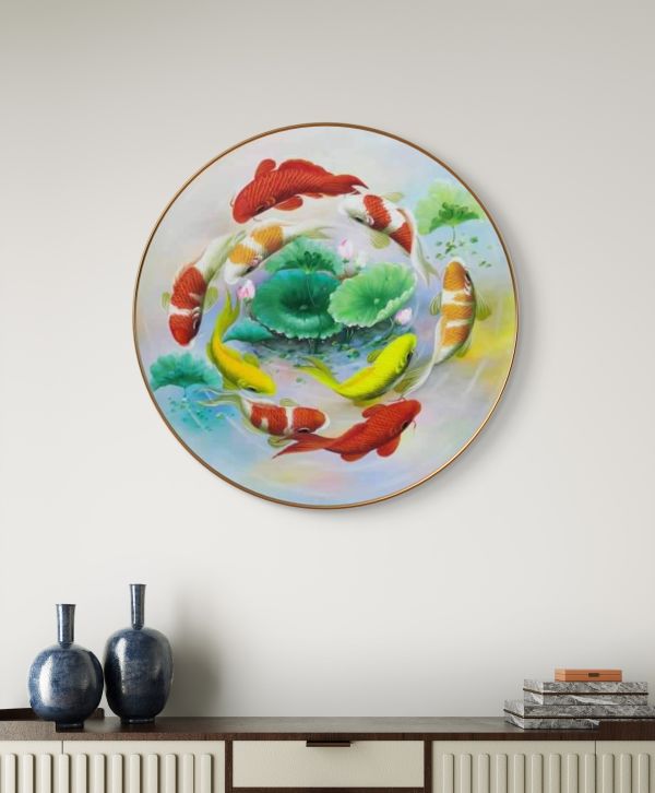 獨家圓形手繪油畫九如魚荷包滿滿藝術掛畫送禮自用買畫首選客廳玄關掛畫 發財樹畫, 黃金發財樹, 錦鯉畫, 招財開運畫, 手繪花卉畫, 鹿 畫, 買畫,新麗畫廊