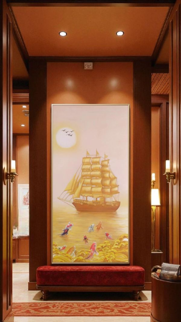 手繪油畫財源滾滾黃金大船入港滿載而歸九如魚風水掛畫 掛畫, 油畫, 開運招財, 客廳掛畫, 招財, 開運, 風水畫, 山水畫, 買畫,新麗畫廊