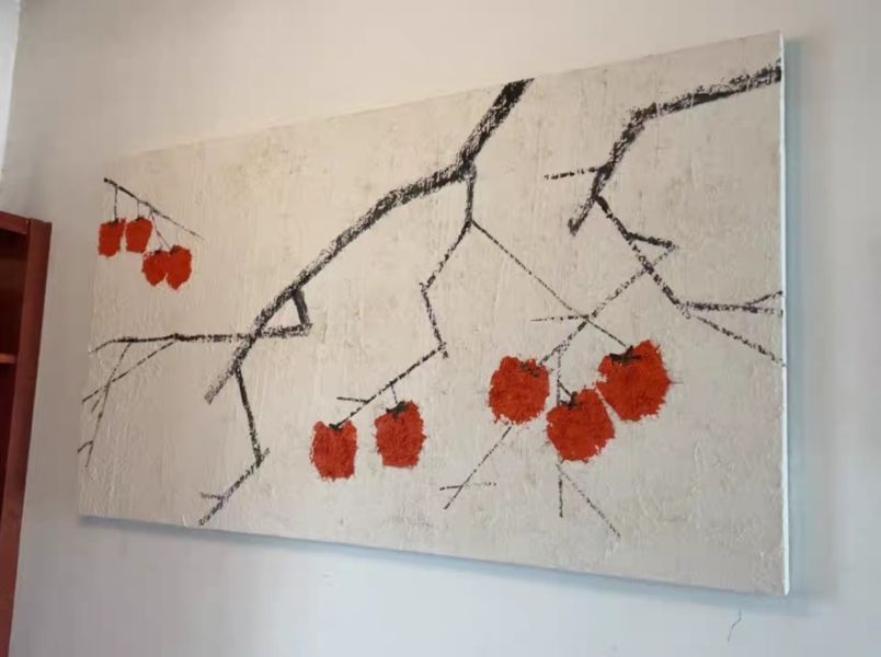 手繪油畫事事如意柿柿平安立體肌理裝飾畫設計師首選 山水圖, 黃金金箔畫, 黃金樹 畫, 湖油畫, 掛畫花, 玄關 擺, 手繪油畫, 開運風水畫, 客廳掛畫