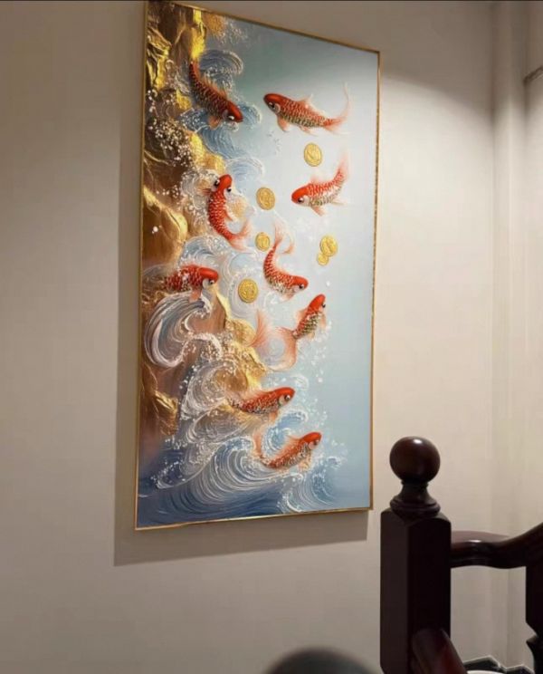 手繪油畫九鯉躍金立體肌理藝術掛畫九魚圖設計師推薦選購客廳掛畫裝飾畫 掛畫, 油畫, 開運招財, 客廳掛畫, 招財, 開運, 風水畫, 山水畫, 九魚圖,九如魚,買畫,新麗畫廊
