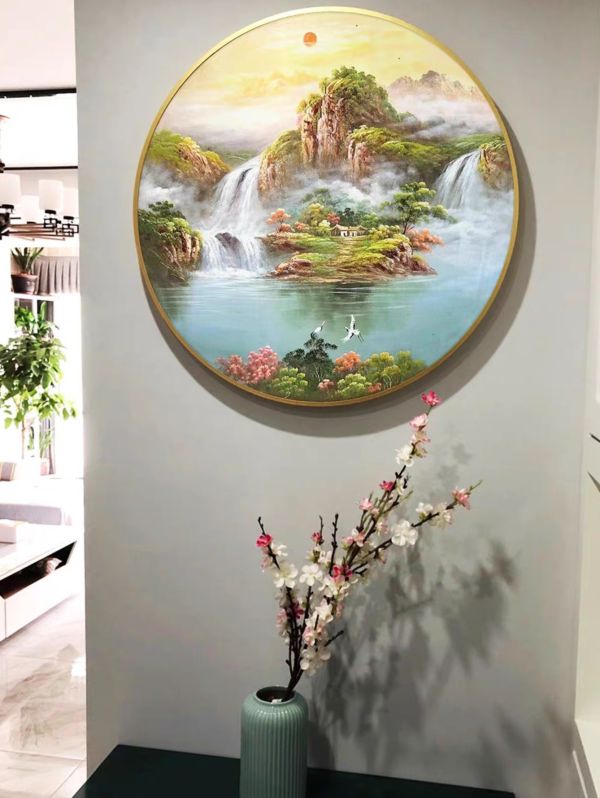 獨家圓形手繪油畫旭日東昇聚財山水畫送禮自用風水師推薦掛畫 發財樹畫, 黃金發財樹, 錦鯉畫, 招財開運畫, 手繪花卉畫, 鹿 畫, 開運招財掛畫, 買畫,新麗畫廊