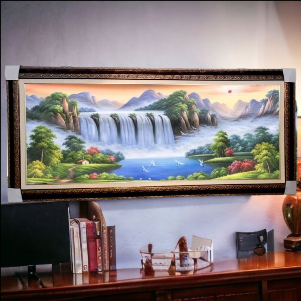 手繪油畫招財高位右流水聚寶盆吉鶴旭日東昇風水師推薦財位掛畫辦公室掛畫客廳掛畫四十年畫廊老店經營品質保證 手繪油畫招財高位右流水聚寶盆吉鶴旭日東昇風水師推薦掛畫