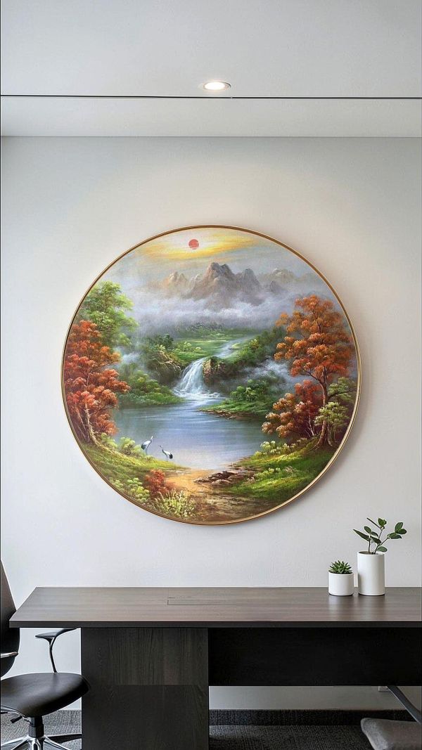 獨家圓形手繪油畫招財山水畫風水畫命理師推薦辦公室掛畫財位必備 風水山水畫, 如魚, 油畫 豐財藝術, 魚 開運, 開運山畫, 招財山水畫,風水畫,新麗畫廊