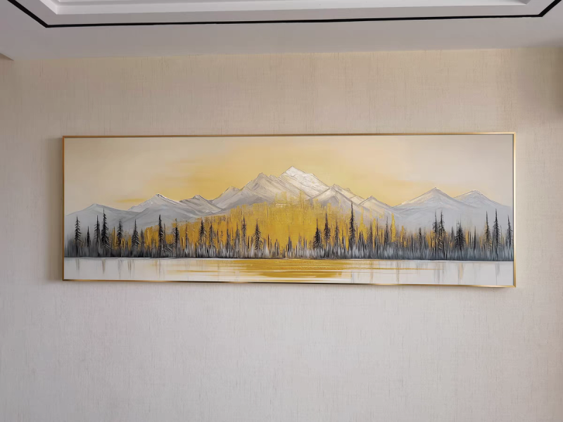 手繪油畫靜謐山林倒影靠山藝術掛畫現代山水客廳沙發牆裝飾畫設計師推薦掛畫 風水掛畫, 山水圖, 黃金金箔畫, 黃金樹 畫, 湖油畫, 買畫,新麗畫廊