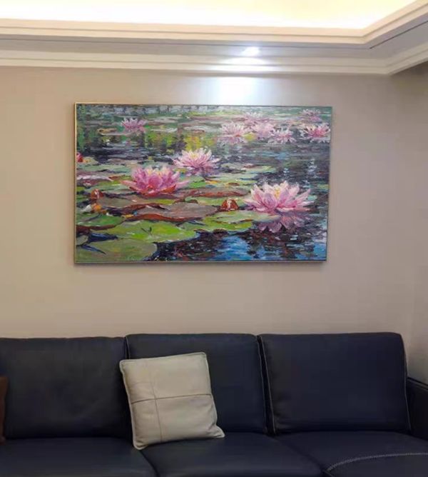 手繪油畫寫實風格荷葉蓮蓮藝術掛畫裝飾畫客廳沙發牆 手繪油畫寫實風格荷葉蓮蓮藝術掛畫裝飾畫客廳沙發牆