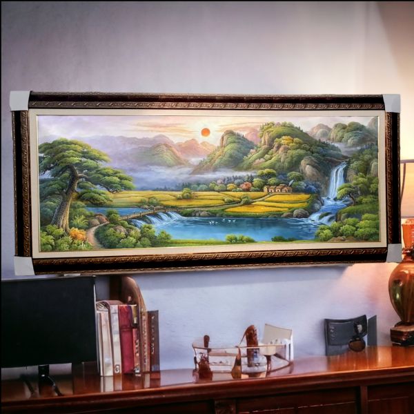手繪油畫黃金豐收財源廣進聚寶盆風水師推薦山水畫買畫首選四十年畫廊老店經營 手繪油畫旭日東昇黃金豐收財源廣進聚寶盆風水師推薦山水畫買畫首選實體店面購買最安心
