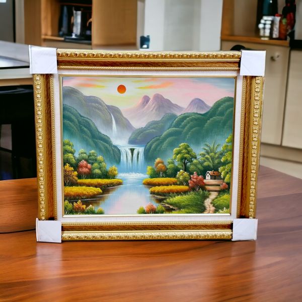 手繪油畫旭日東昇高山流水生財風水師推薦財位掛畫 手繪油畫旭日東昇高山流水生財風水師推薦財位掛畫