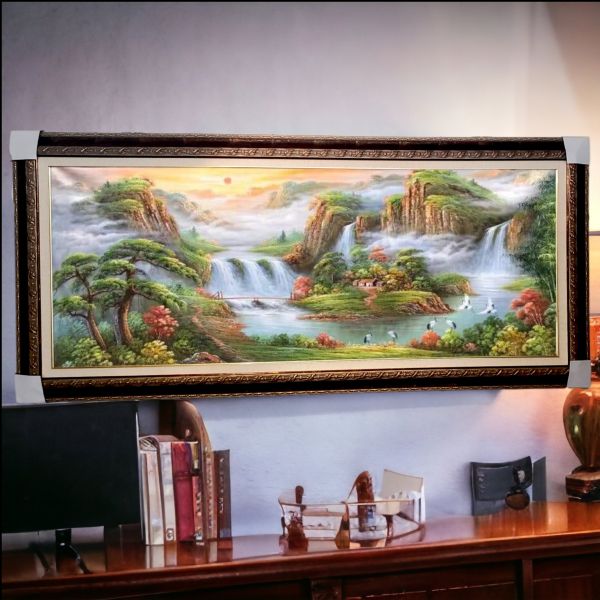手繪油畫旭日東昇流水生財聚寶盆風水師推薦財位掛畫送禮自用 手繪油畫旭日東昇流水生財聚寶盆風水師推薦財位掛畫送禮自用